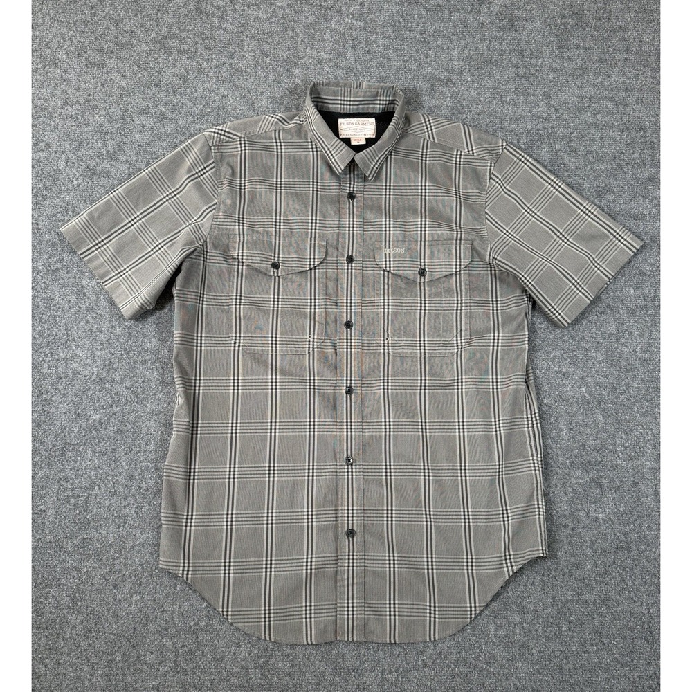 Filson Twin Lakes Sport Shirt Men's M Gravel Gray Plaid Short Sleeve Vented